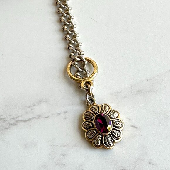 Vintage Silver & Gold Tone Chain Bracelet with Faceted Rhinestone Dangle - Picture 3 of 4